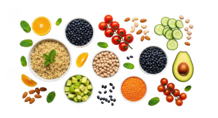 Healthy food ingredients for a balanced diet, isolated on transparent background