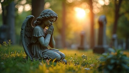 Stone angel statue kneels praying in green cemetery grass. Warm sun rays light up memorial park at golden hour. Peaceful scene evokes remembrance and spiritual solace.