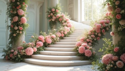 White marble stairs decorated with pink floral garlands. Elegant staircase in luxurious fantasy palace interior. Bright window light illuminates stairs, opulent flower arrangements, creating magical