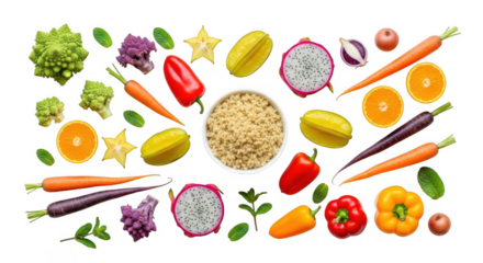 Healthy colorful fruits, vegetables, and quinoa flat lay isolated on white isolated on transparent background