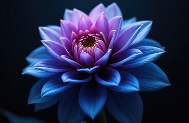 Fototapeta premium Close up photo of vibrant blue and purple flower blossom. The graphic illustration shows detailed petals with soft light and artistic style. Dark background provides contrast for the floral design.