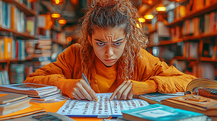Frustrated young woman intensely studies, surrounded by books in a warm, inviting library setting.  Perfect for educational, backtoschool, or study stress themes.