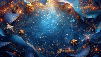 Luxurious Blue and Gold Christmas Holiday Background with Glitter and Ribbon