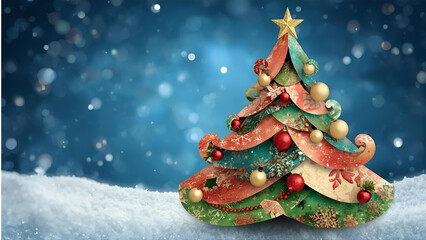 Whimsical Paper-Cut Christmas Tree on Snow with Blue Bokeh Background