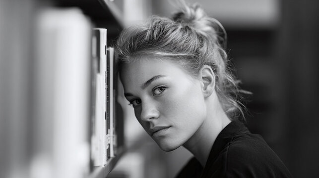 Pensive monochrome portrait of a young woman thoughtfully leaning against a bookshelf. Evokes intellect, introspection, and quiet beauty. Ideal for education, literature, and personal growth themes.