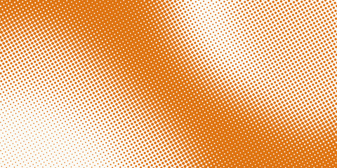 An orange halftone background with a pattern of dots grading diagonally from solid to sparse creates a bright retro or pop art effect.