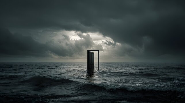 Mysterious Doorway in Stormy Ocean with Light Breaking Through Dark Clouds.