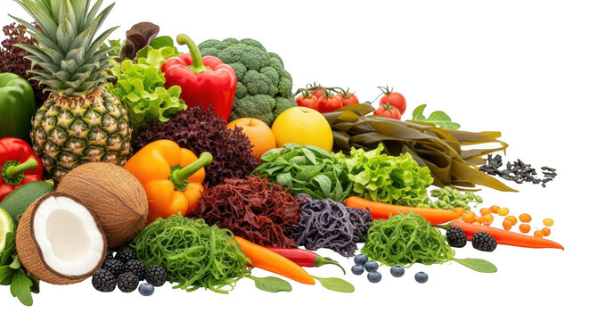 Fresh and colorful healthy fruits and vegetables isolated on transparent background