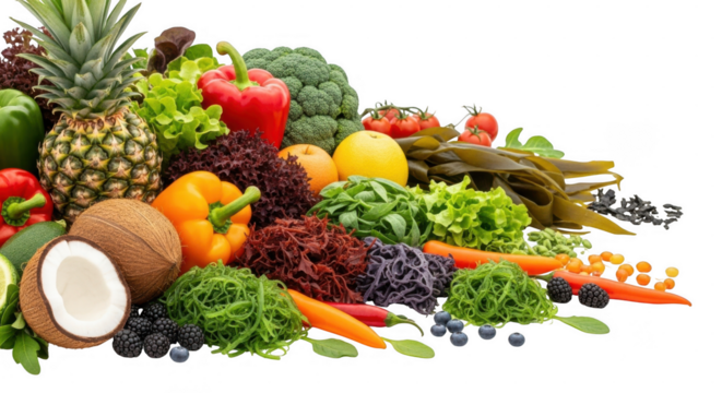 Fresh and colorful healthy fruits and vegetables isolated on transparent background