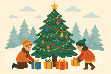 Scene ornaments gifts tall twinkling festive decorated illustration vector beneath tree star