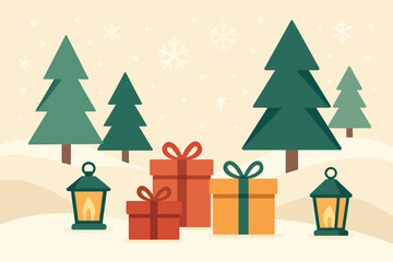 Illustration minimalist flat winter scene gifts joyful joy hills vector holiday