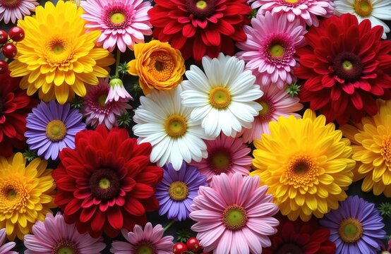 Top view of garden flowers like gerbera and daisy in red pink white yellow and purple colors. Small red berries accent this natural bloom arrangement, perfect for spring decor. - Powered by Adobe