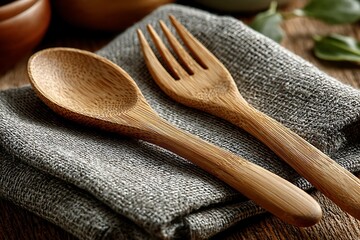 Bamboo spoon and fork set eco friendly high resolution picture