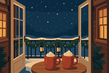 Obraz premium Winter festive windows starry snowy lanterns balcony vector view from illustration table