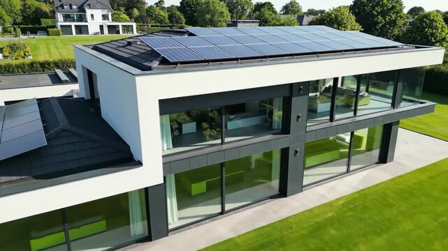 Modern architecture with solar panels, large windows, and a partially drawn sunshade
