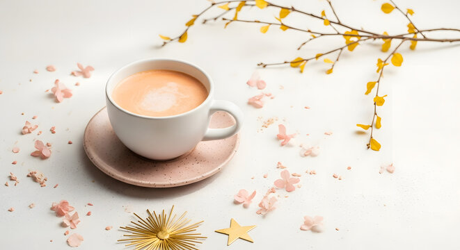 Warm beverage in white cup with pastel accents conveys a sense of serenity and elegance