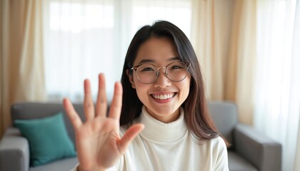 Young Asian woman wearing glasses smiles, waves hello to camera from living room. Recording video, talking to friend family online using smartphone. Casual indoor shot for remote work, study