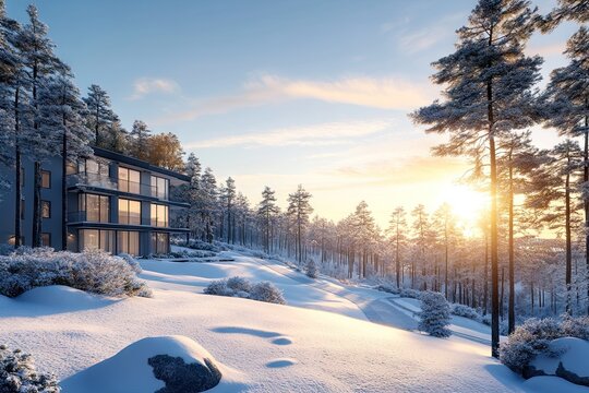 A beautiful winter landscape with a snow-covered forest and a road leading to the horizon, where sunlight shines through the trees