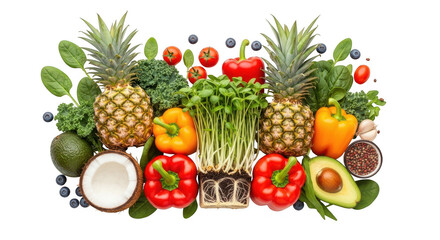 Healthy fresh fruits, vegetables, and superfoods composition isolated on transparent background