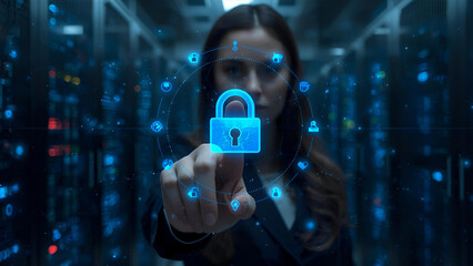 Woman Activating Digital Cybersecurity Lock in Server Room