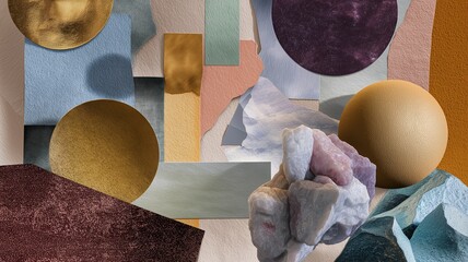 Abstract collage of analog materials (paper, fabric textures) and digital 3D shapes, tactile textures