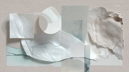 Abstract collage of analog materials (paper, fabric textures) and digital 3D shapes, tactile textures