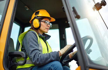 Woman wears hard hat and safety vest while operating heavy equipment. She learns to drive a front loader on a construction site, wearing gloves and earmuffs for protection.
