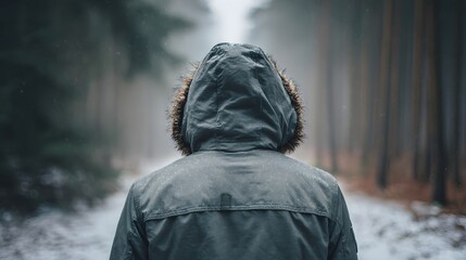 Person in a hooded jacket walking through a snowy forest path, back view, winter landscape.
