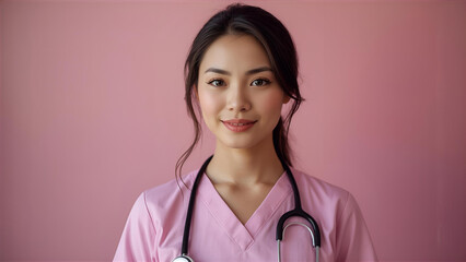 Smiling Young Asian Female Nurse in Pink Scrubs and Stethoscope
