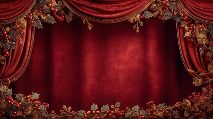 Classic Christmas backdrop with rich red velvet curtains and gold holiday accents for festive events and marketing.