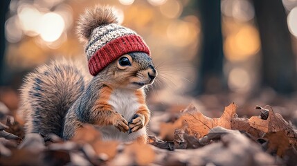 Fototapeta premium A cute squirrel wearing a winter hat in an autumn forest
