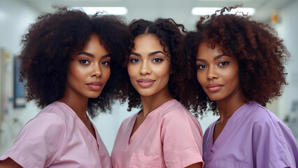Confident Trio of Beautiful Black Female Nurses in Hospital Setting