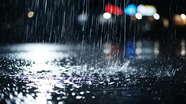heavy rain falling against dark night background with blurred city lights. stormy weather and wet season concept. cinematic street scene with shining lamp. abstract backdrop.