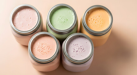 Vibrant assortment of frothy smoothies in mason jars arranged on a neutral surface presenting diverse flavored beverages