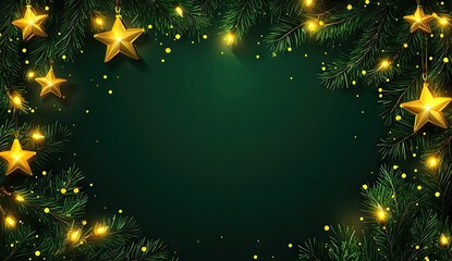 A green background with Christmas tree branches and golden stars on the edges
