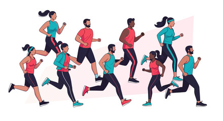 Vector illustration of a diverse group of multi-ethnic men and women running together for fitness and exercise