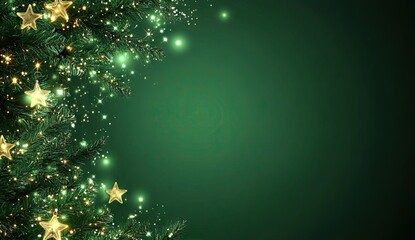 A green Christmas tree frame with lights and stars on a dark green background