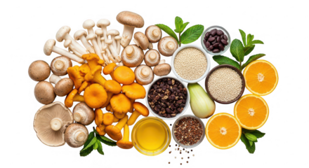Assortment of fresh mushrooms, citrus, and grains isolated on transparent background
