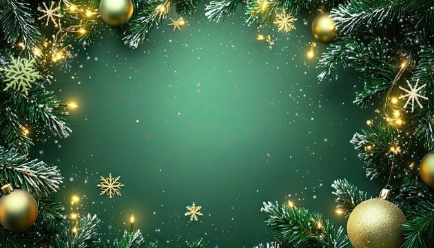 A green Christmas background with a frame of snowflakes and pine branches