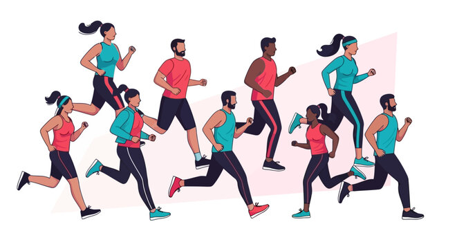 Vector illustration of a diverse group of multi-ethnic men and women running together for fitness and exercise