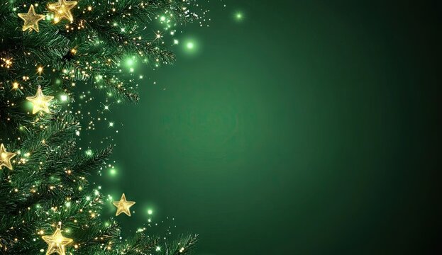 A green Christmas tree frame with lights and stars on a dark green background
