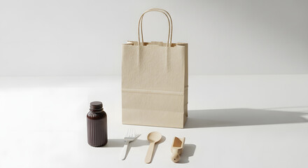 Eco-Conscious Consumption: A Minimalist Still Life Featuring Sustainable Food Packaging and Utensils Promoting