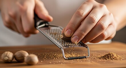 Nutmeg Grating Process Demonstrates Culinary Preparation and Fresh Spice