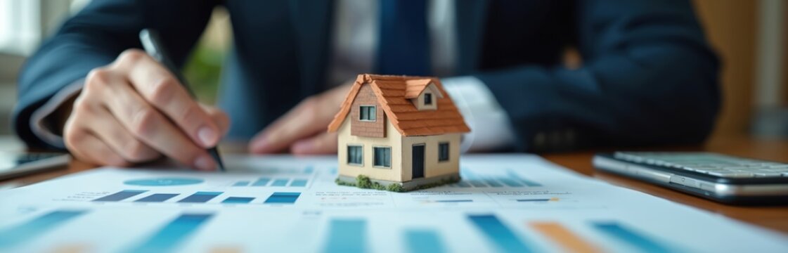 Analyst reviews mortgage data with house model. Charts display trend. Business person analyzes real estate stats on graph. Home loan and investment planning are shown. Financial review - Powered by Adobe