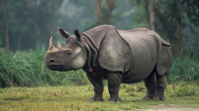 Majestic Adult Sumatran Rhinoceros Standing Gracefully on Lush Grass in the Wilds of Indonesia