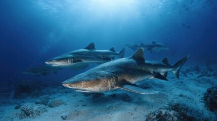 Fototapeta premium School of Banded Hound Sharks Gliding Through the Crystal Blue Waters of Chiba, Japan