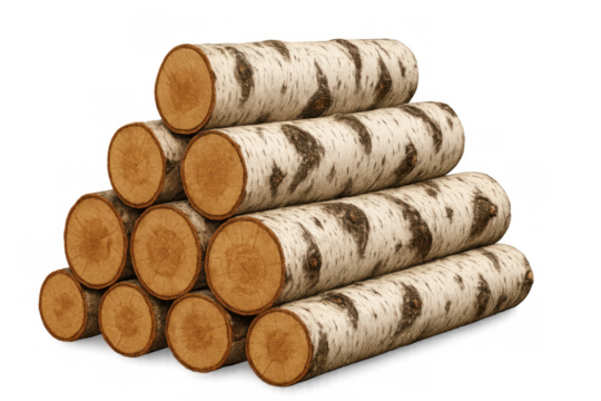 Stacked birch logs forming a pyramid, cut wood with bark texture, firewood for winter, transparent background