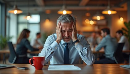 Stressed businessman holds head in hands, overwhelmed by work in busy office. Colleagues blurred in background, man feels burnout and extreme pressure from workload.