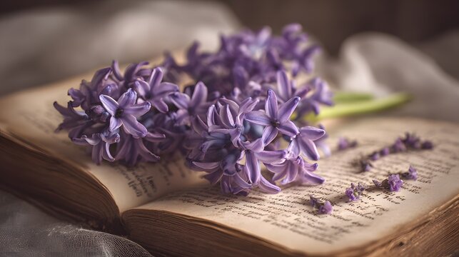 Purple Hyacinth Flowers on an Old Book with Soft Lighting.