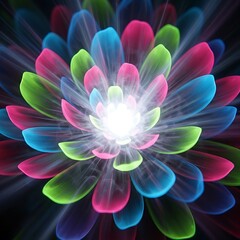 Radiant chromatic bloom with ethereal glow on dark contrasting backdrop